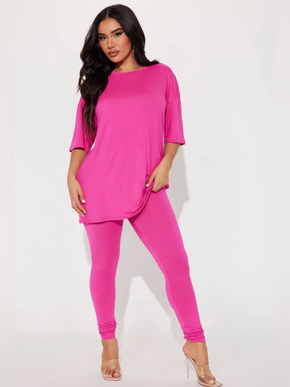 Fashion Nova Neon Pink Leggings & Oversized Tunic Set